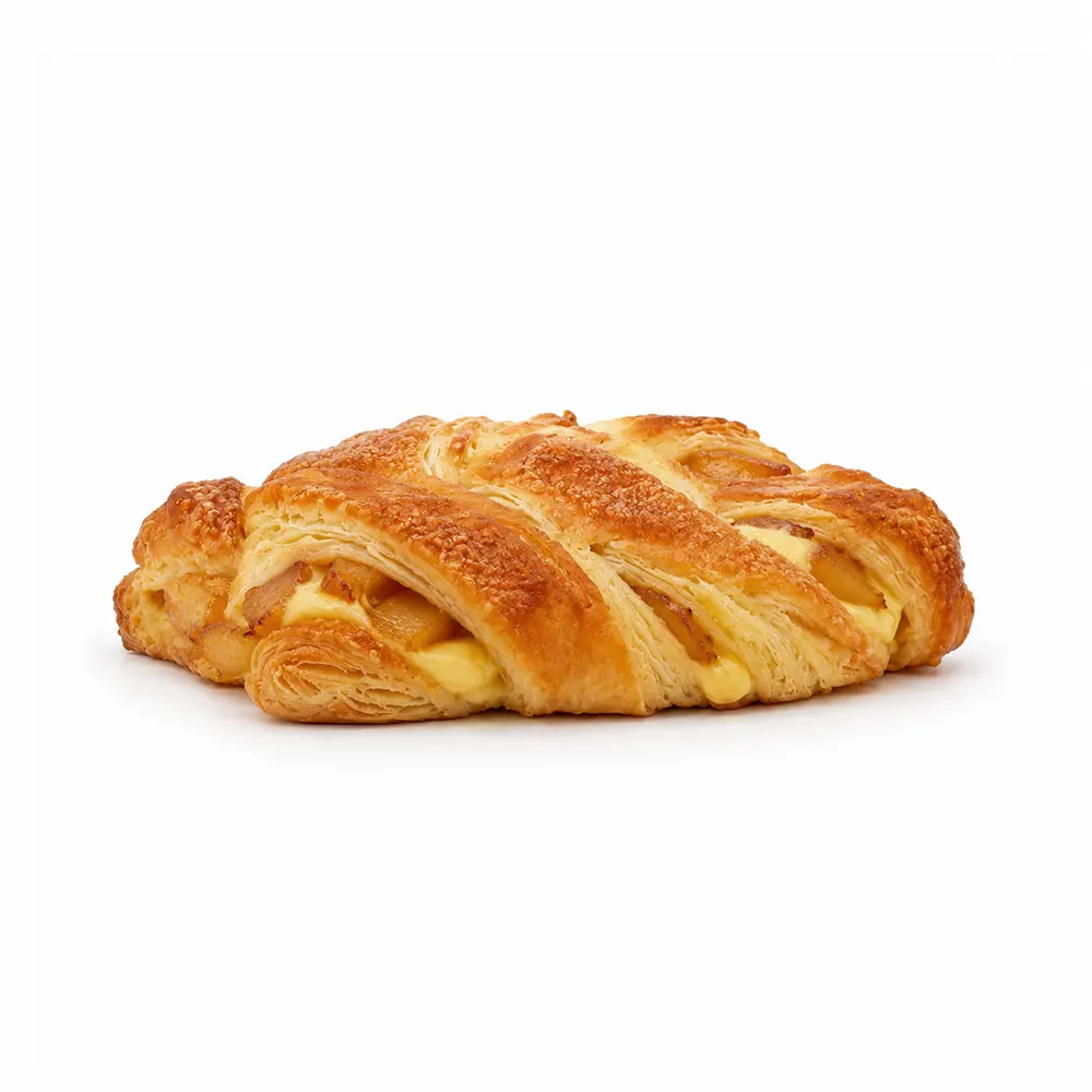 Crujiente artesanal de crema y manzana con masa dorada y volumen esponjoso