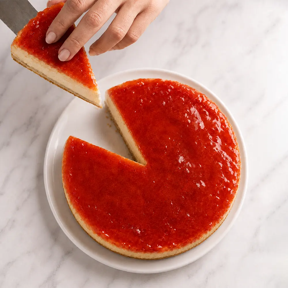 Tarta de tarta de queso entera disponible también por porciones.
